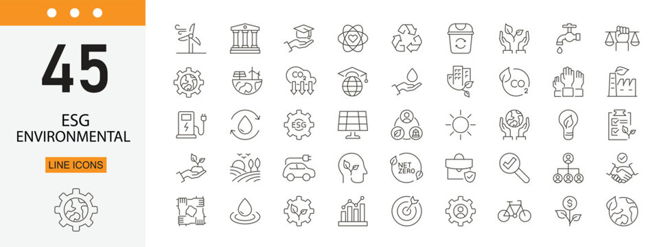 ESG environment icons set representing environmental responsibility, sustainability, governance, social impact and green business practices. Editable Stroke.