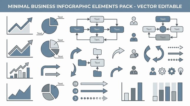 Minimal business infographic elements pack with charts graphs arrows and flow diagrams