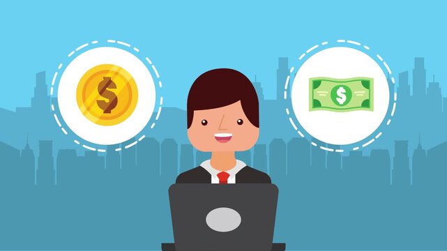 Businessman using laptop with money coin and bill symbols against blue cityscape background.