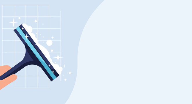 Hand holding a squeegee cleaning a soapy tiled wall with white bubbles and sparkles against a blue background.