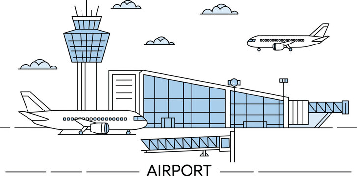 Modern airport terminal building with control tower and airplanes on white background aircraft