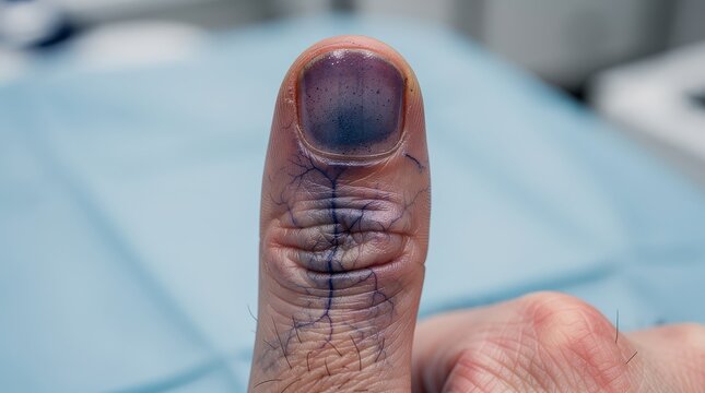 A close-up of a thumb with a dark, bruised, and swollen nail, showing signs of injury or trauma.