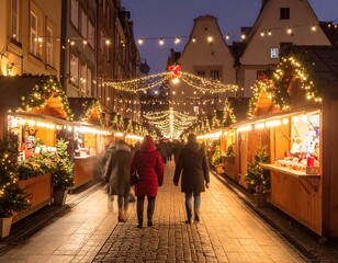 Obraz premium Festive street scene with Christmas market stalls at dusk