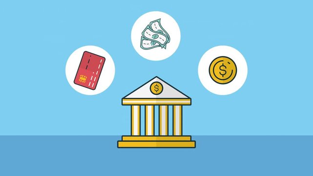 Dynamic animation of bank building with flying credit card, money bills, and coin showcasing financial transactions and wealth management.