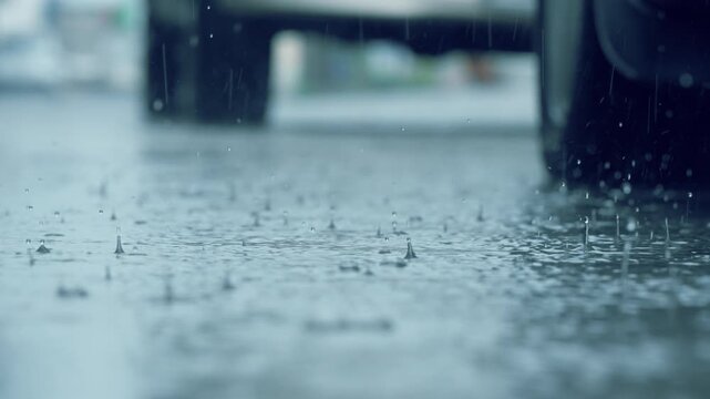 A car stopping through heavy rain on a wet road, captured in moody weather conditions. Concept of travel, solitude, rainy season, and atmospheric urban scenes