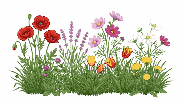 Elegant botanical wild flower meadow clumps with grass vector isolated on white background