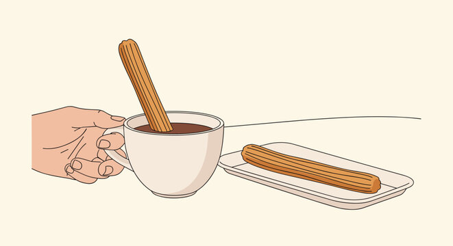 Close up illustration of a person holding a white cup of hot chocolate with a churro dipped inside and another one on a plate.