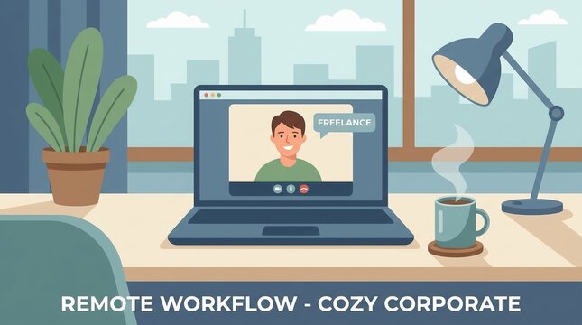 Remote workflow with freelancer on video call working from cozy home office flat illustration