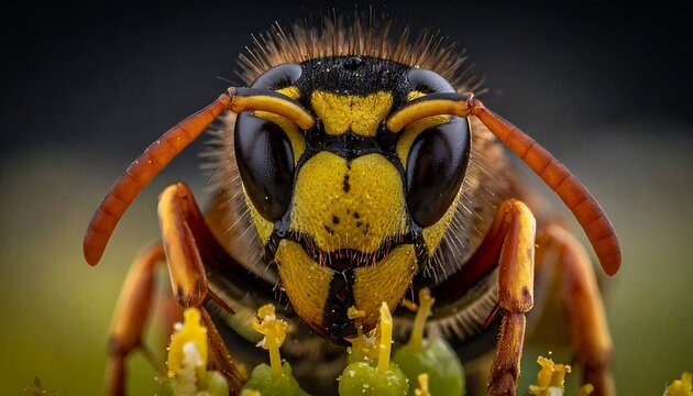 A close-up of a wasp's face