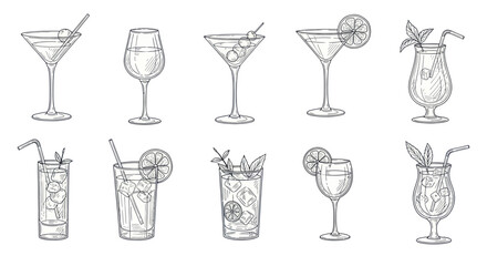 Hand drawn sketch set of various alcoholic and non-alcoholic cocktails in different glasses. © Rejeki