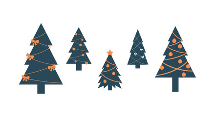 Fototapeta premium Set of five stylized dark teal Christmas trees with orange festive decorations on a plain white background for holiday design projects.