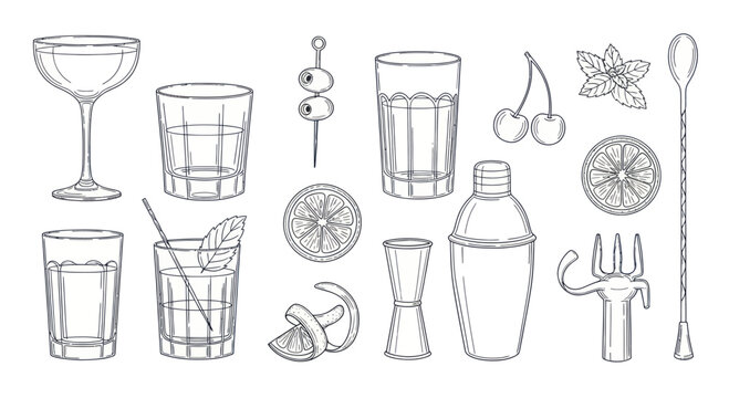 Hand drawn sketch set of various cocktail glasses and bar accessories.