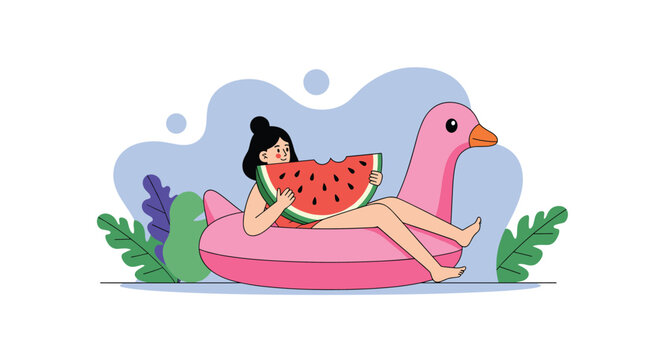 Young woman relaxing on a pink flamingo pool float eating a large slice of fresh watermelon during summer vacation at the beach.