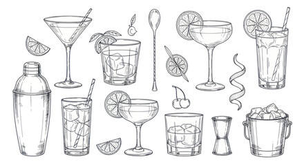 Fototapeta premium Hand-drawn sketch set of various cocktails and bar accessories.