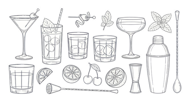 Hand-drawn sketch set of various cocktail glasses and bar accessories.