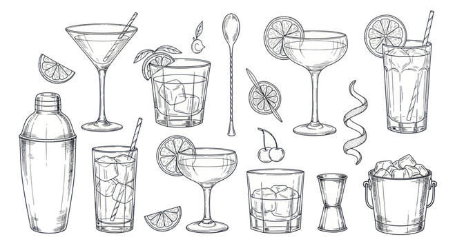 Hand-drawn sketch set of various cocktails and bar accessories.