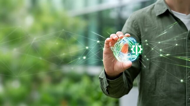 Natural Scene of Hand Reaching Toward Eco-Friendly Hologram
