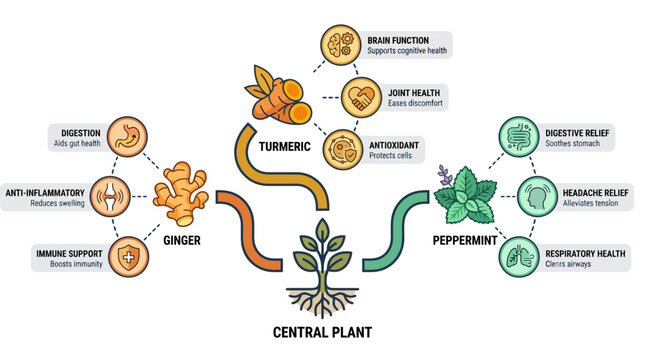 Exploring the Holistic Health Benefits of Ginger, Turmeric, and Peppermint A Visual Representation of Plant-Based Wellness and Natural Remedies