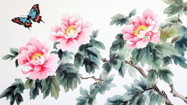 Chinese ink painting pink peonies green leaves two butterflies fluttering traditional scroll style delicate strokes ink washes pink petals green branches white background simple bright high def high r