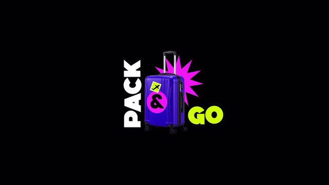Vibrant Purple Suitcase with Pack and Go Text Animation