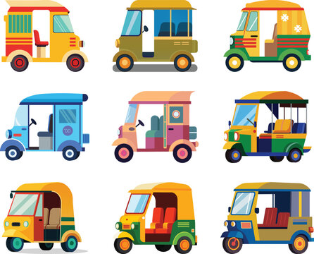 Colorful auto rickshaw vector illustration set, traditional Asian tuk tuk and bajaj transport icons collection