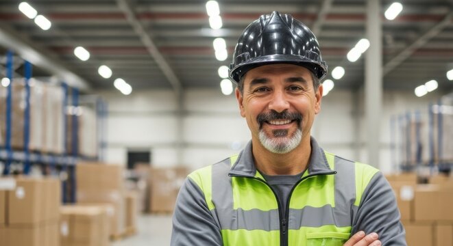 Smiling mature warehouse worker wearing hard hat and reflective vest.