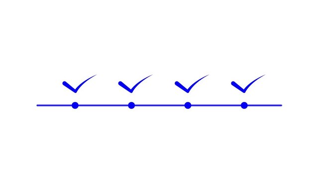 Progress timeline animation showing four steps being completed with blue check marks icons.
