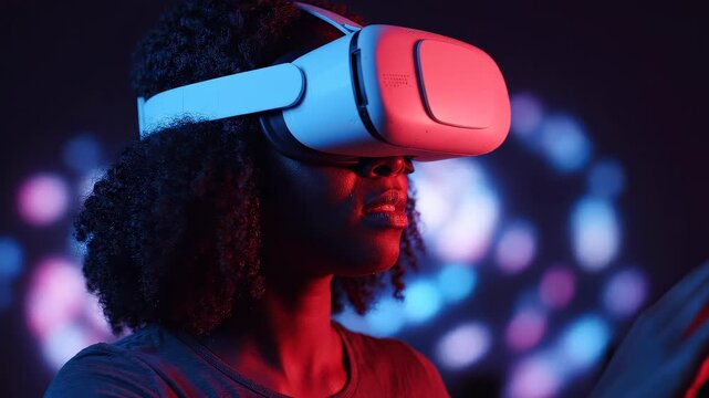 African American female tech developer wearing virtual reality headset in neon lighting, concept for immersive metaverse navigation, digital training and future simulation gaming