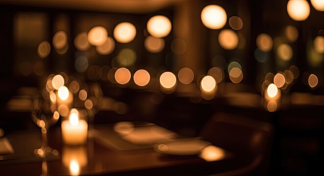 Warm golden bokeh lights from candles in a dimly lit romantic restaurant at night.