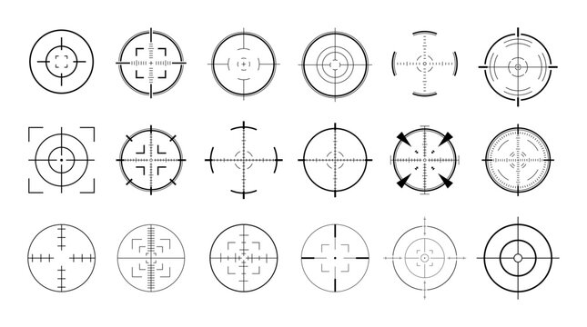 Collection of futuristic crosshair reticle symbols, circular sniper scope targets, HUD aiming interface, radar sight icons and tactical aim marks for gaming overlay, military UI, vector illustration