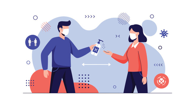 Man offering hand sanitizer to a woman in a public space to maintain hygiene and safety during the pandemic with social distancing icons.