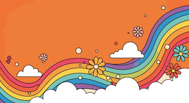 Groovy wavy rainbow arching across an orange sky with floating clouds and small colorful daisies in a retro vintage style.
