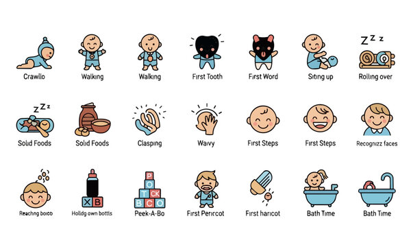 Baby milestones icons set colorful solid colors cute