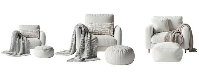 Soft white fabric armchairs with poufs, layered blankets and pillows styled in a bright minimalist living room for cozy Scandinavian inspired home interior design   © Loopy