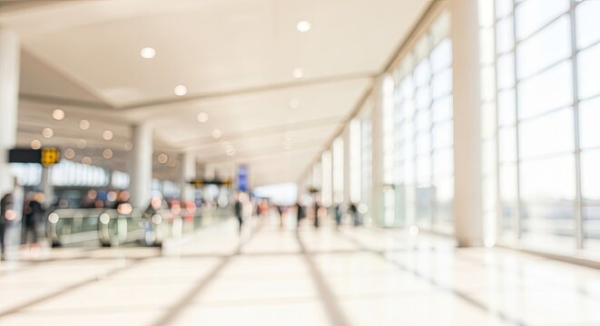 Blurred abstract background of a modern airport terminal hall with people.