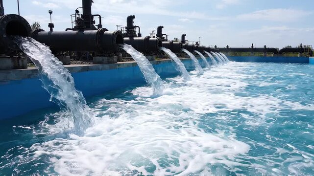 Rows of large industrial pipes discharging clean water into a blue concrete reservoir under a clear sky, concept for water management, industrial filtration and environmental engineering