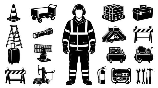 Construction Safety Equipment and Worker Black and White Icon Set