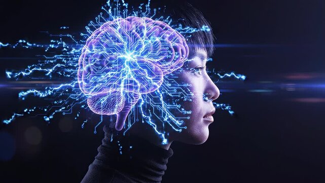 Profile of female neuroscientist with digital purple brain circuit overlay, concept for artificial intelligence innovation, neuroscience research and cognitive tech development