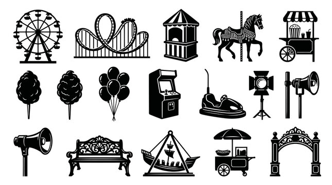 Amusement Park Icons: Ferris Wheel, Roller Coaster, Carousel Horse, Food Cart, Black  White Vector
