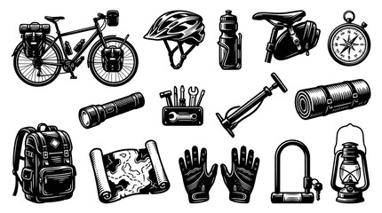 Obraz premium Black and White Line Art Cycling and Bikepacking Gear Set for Outdoor Adventure Travel Collection