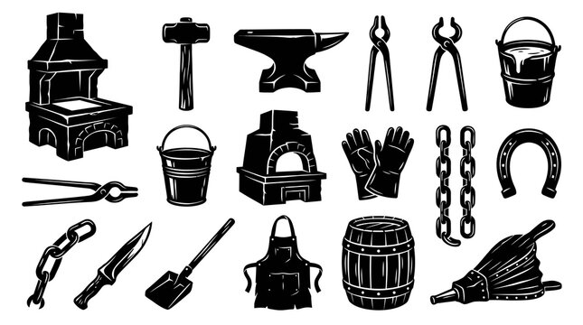 Vintage Monochrome Engraving Style Blacksmith Forging Tools and Equipment Vector Set