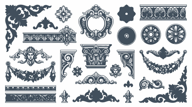 Collection of ornate decorative baroque and rococo design elements, borders, and flourishes for graphic design projects and vintage embellishments, eps vector art and illustration