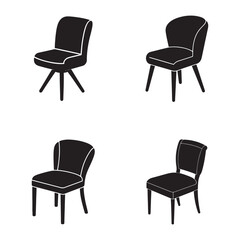 Obraz premium Four black chairs with white outlines in different positions and angles for furniture design and interior decoration concepts