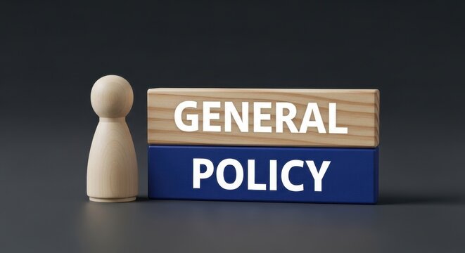 Wooden pawn next to wooden blocks labeled with General Policy text.