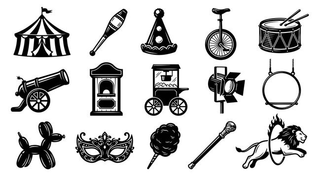 Circus Icons Set: Black and White Vector Symbols of Entertainment and Fun