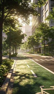Urban bike lane green city sustainable transport at sunrise light with modern architecture tree lined street eco friendly design for global warming awareness and empty bicycle path downtown