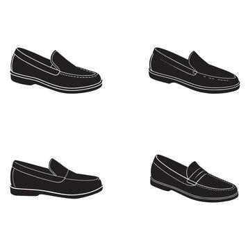 Four black loafer shoes with white outlines in different angles on white background  side view
