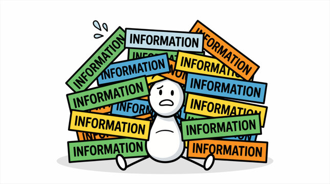 Cartoon depiction of a person suffering from information overload and mental stress in the digital age