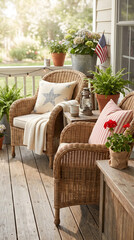 Fototapeta premium Cozy porch patio, wicker furniture, outdoor decor, summer living, garden