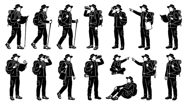 Black and White Silhouette Glyphs Set of Outdoor Adventure Hikers and Backpackers